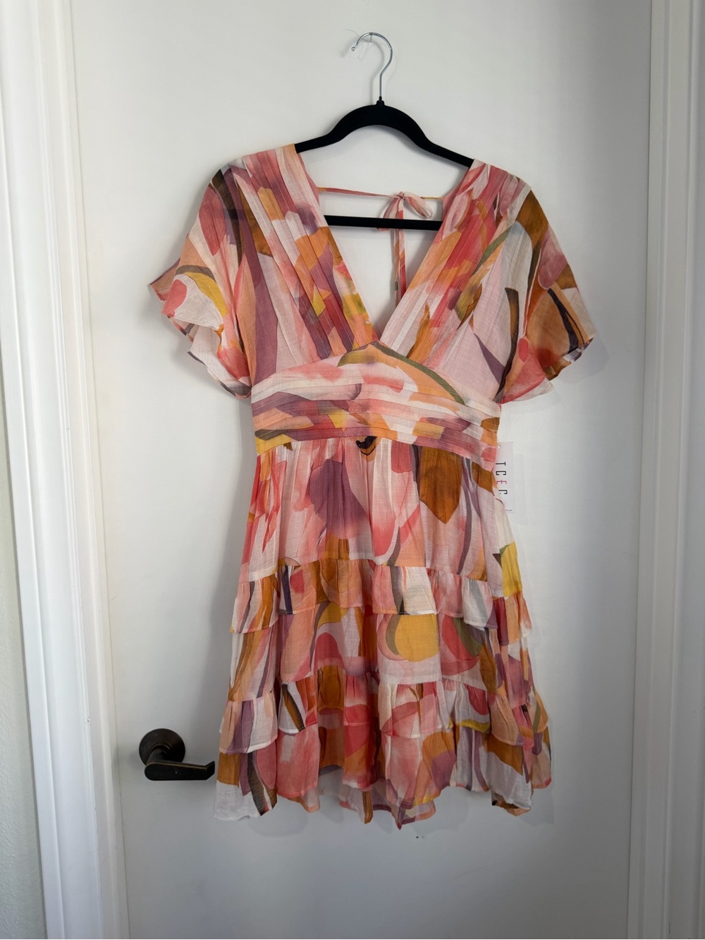 TCEC Pink Multi-Color Abstract V-Neck Tiered Mini Dress